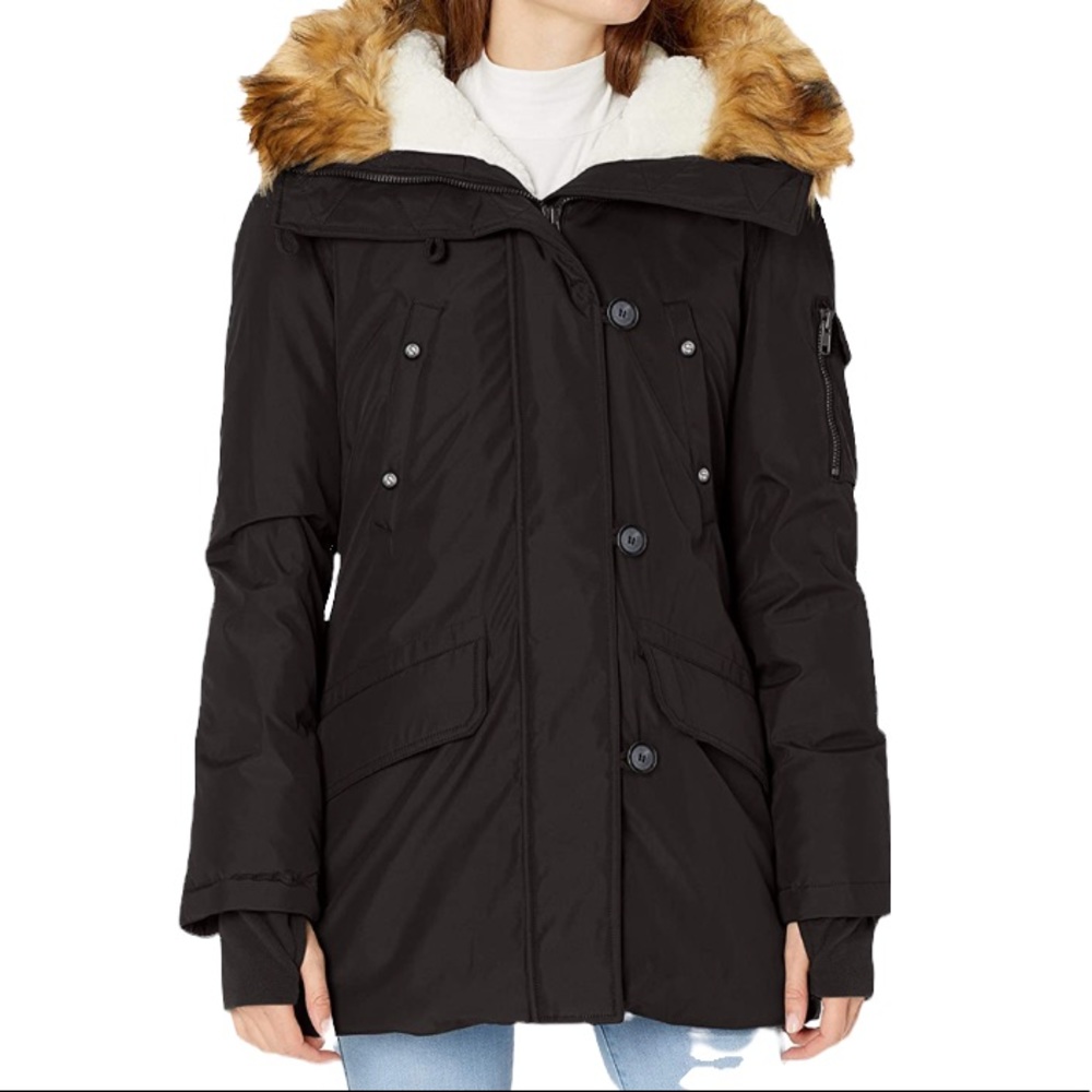 S 13/NYC Black Down filled Mid length Parka Coat